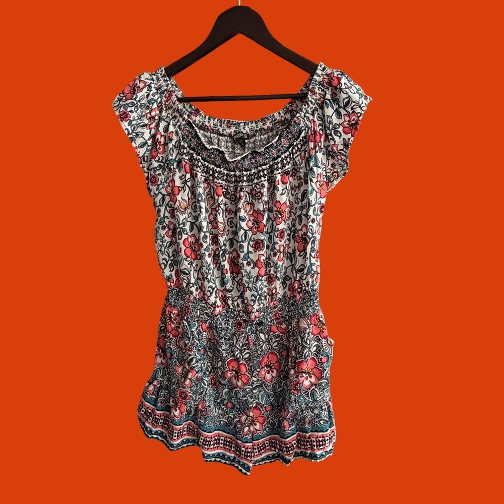 Express Floral Paisley Boho Romper Medium Off The Shoulder Smocked‎ Waist Multi
